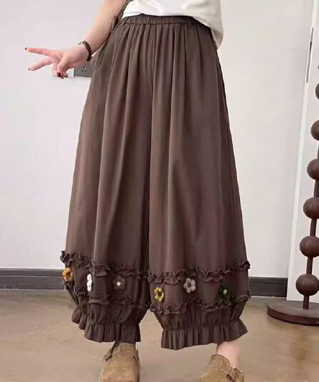 봄 센 부서 문예 바람 허리밴드 꽃 루즈핏 와이드 레그 팬츠 꽃밭 바지 배기 바지 9부 바지 여성