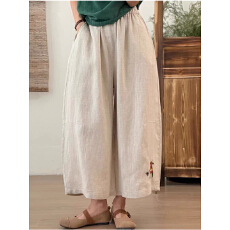 批发2026夏宽松<b class='q'>大码</b>复古刺绣小马休闲裤女阔腿裤棉麻九分裤