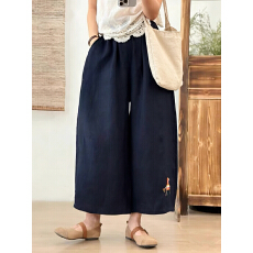 批发7819#2026夏宽松大码复古刺绣小马<b class='q'>休闲裤</b>女阔腿裤亚麻九分裤