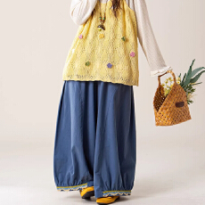 批发7813#2026春文艺复古花苞灯笼裤花边拼接阔腿裤女宽松显瘦<b class='q'>九分裤</b>