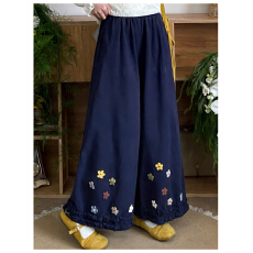 批发2026木耳边拼接阔腿裤女夏文艺<b class='q'>高腰</b>宽松立体花九分休闲裤