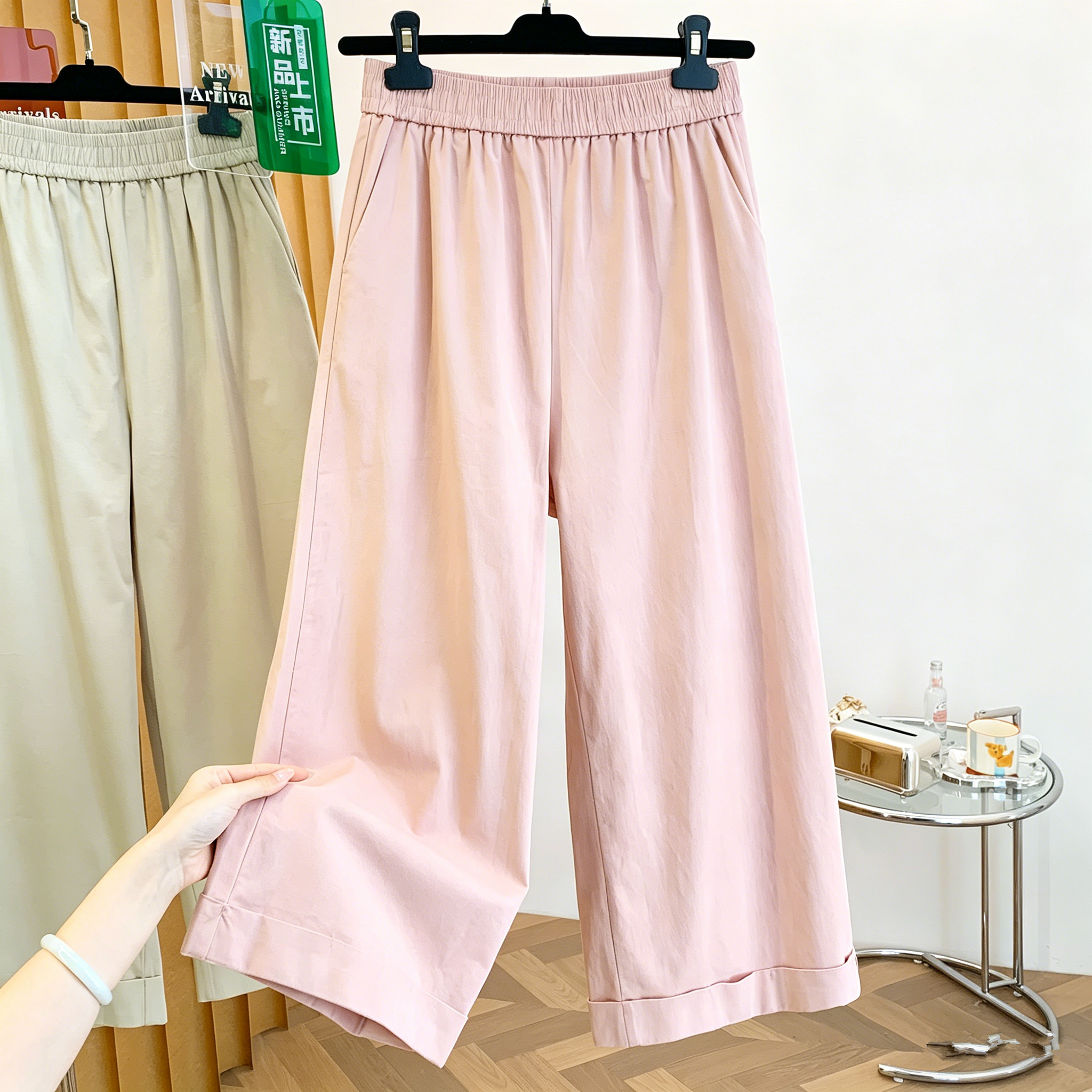 7831# 여름 볼륨 측면 스트레이트 팬츠 워시 물 면 와이드 레깅스 바지 하이웨이스트 루즈핏 캐주얼 9부 바지 다용도 바지