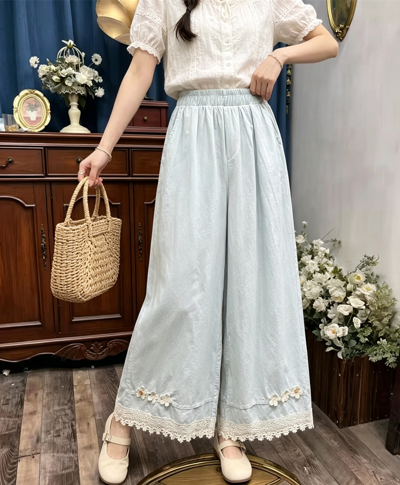 7828# 문예 루즈핏 스트레이트 팬츠 바지 패치워크 레이스 명중 3 차원 꽃 캐주얼 바지 와이드 레그 팬츠 9부 바지