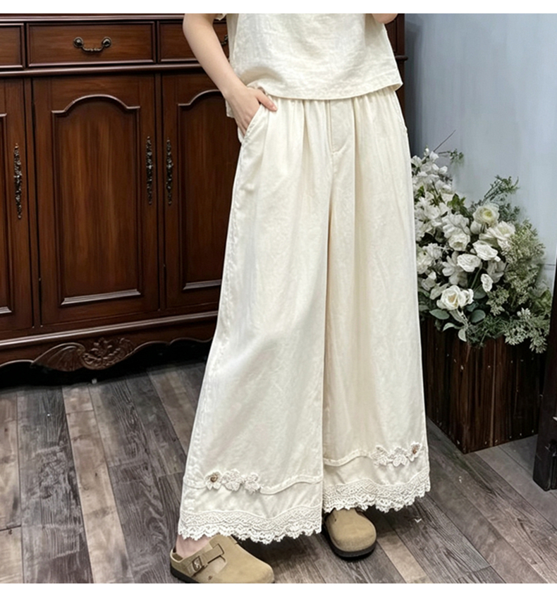 7828# 여름 루즈핏 워시 물 면 스트레이트 9부 바지 패치워크 레이스 레이스 캐주얼 바지 3 차원 꽃 와이드 레그 팬츠