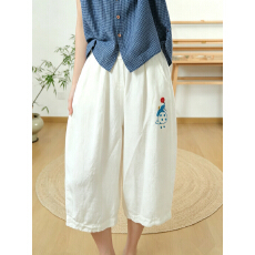 批发夏宽松大码抽绳松紧腰卡通刺绣亚麻<b class='q'>休闲裤</b><b class='q'>哈伦</b>裤阔腿裤女