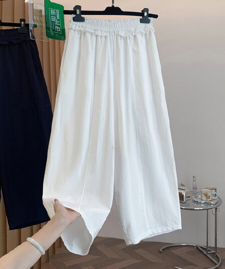 77830# 있음 선적 고급 센스 단색 프릴 허리밴드 캐주얼 바지 여성 여름 루즈핏 와이드 레그 팬츠 풍선 바지