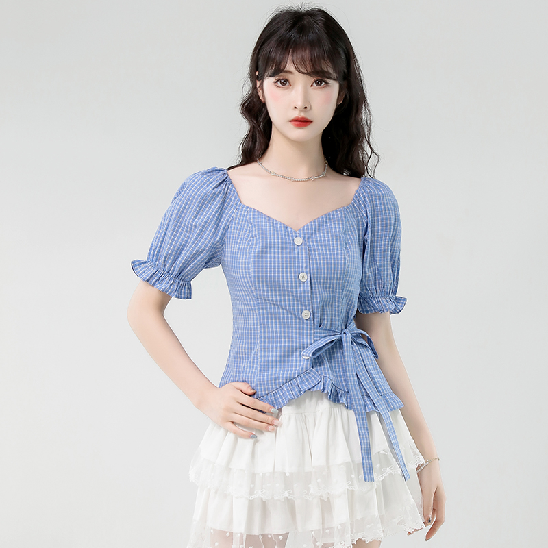 FA22200# 夏季韩系东大门不规则格子上衣女设计感系带蝴蝶结方领衬衣 服裝批發女裝批發服飾貨源