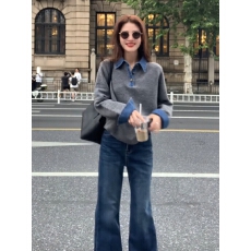 批发2025冬韩系假两件Polo领针织衫女别致漂亮<b class='q'>牛仔</b>拼接慵懒风气质毛衣