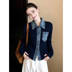 批发韩系chic别致时髦洋气老钱风上衣高级感藏青色拼接<b class='q'>牛仔</b>毛衣女冬季