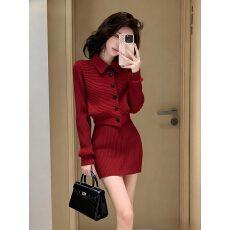 批发小个子女神范气质高级感富家千金miu系红色圣诞针织<b class='q'>连衣裙</b>套装冬