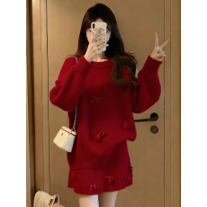 批发圣诞穿搭红色针织套装女2025年冬季新款法式慵懒风毛衣短裙两件套