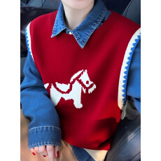 批发圣诞穿搭红色小马提花外搭叠穿针织马甲<b class='q'>背心</b>女2025秋冬季chic上衣