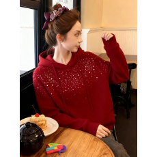 批发韩范洋气重工烫钻亮闪闪连帽套头<b class='q'>针织衫</b>女冬软糯打底帽衫穿搭上衣