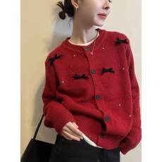 批发圆领蝴蝶结长袖<b class='q'>针织</b>外套女25冬季新款设计感洋气毛衣<b class='q'>开衫</b>