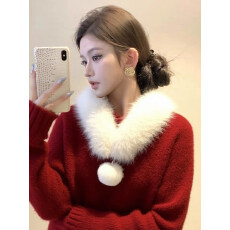 批发圣诞红色毛领针织衫女2025年冬季新款软糯慵懒氛围感保暖<b class='q'>毛衣</b>上衣