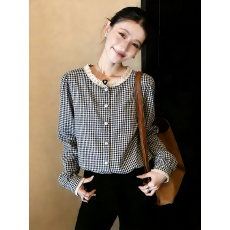批发2026春季复古圆领蕾丝高级感<b class='q'>格子</b><b class='q'>衬衫</b>女秋季新款长袖气质上衣