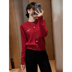 批发洋气减龄红色刺绣小马针织开衫<b class='q'>女装</b>2025冬季百搭圆领毛衣<b class='q'>外套</b>上衣