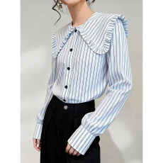 批发法式条纹娃娃领<b class='q'>衬衫女</b>2026春季超好看<b class='q'>长袖</b>花边高级感百搭减龄上衣