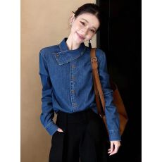 批发复古牛仔<b class='q'>衬衫女</b><b class='q'>长袖</b>设计感通勤上衣2026冬季新款小众蓝色衬衣外套