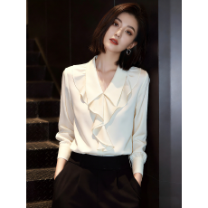 批发白色雪纺<b class='q'>衬衫</b>女春季2026新款轻奢<b class='q'>职业</b>通勤荷叶边v领法式高级<b class='q'>衬衣</b>