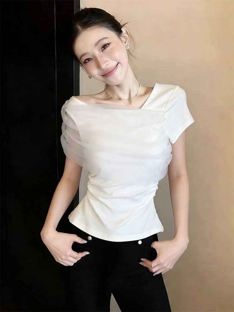 2026 새로운 여성 의류 주름 디자인 센스 망사 패치워크 몸매 가꾸기 티셔츠 핫걸 다용도 반팔 만나는 작은 맨위
