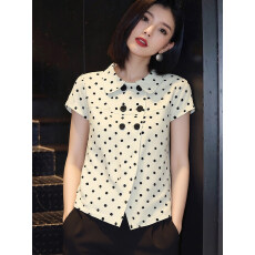 批发2026夏季新款<b class='q'>韩版</b>通勤风高级感时尚简约气质显瘦波点翻领短袖上衣