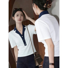 批发韩系学院风海军V领短袖T恤女2026夏季新款贝壳扣撞色设计感上衣服