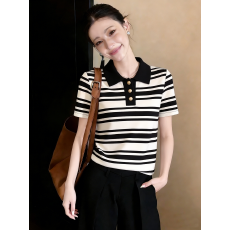 批发法式正肩<b class='q'>黑白条纹</b>短袖<b class='q'>T</b><b class='q'>恤</b>女2026夏polo衫上衣