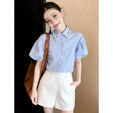 批发2026夏季女装新款法式气质珍珠泡泡袖<b class='q'>短袖</b>翻领<b class='q'>雪纺衫</b>衬衫上衣女