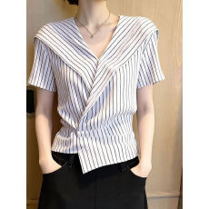 批发白色条纹短袖V领上衣女2026年夏季新款收腰显瘦<b class='q'>大码</b>内搭气质简约