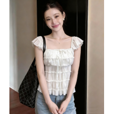 批发2026夏季<b class='q'>新款</b>韩版甜美方领荷叶边小飞袖蛋糕小衫女温柔上衣