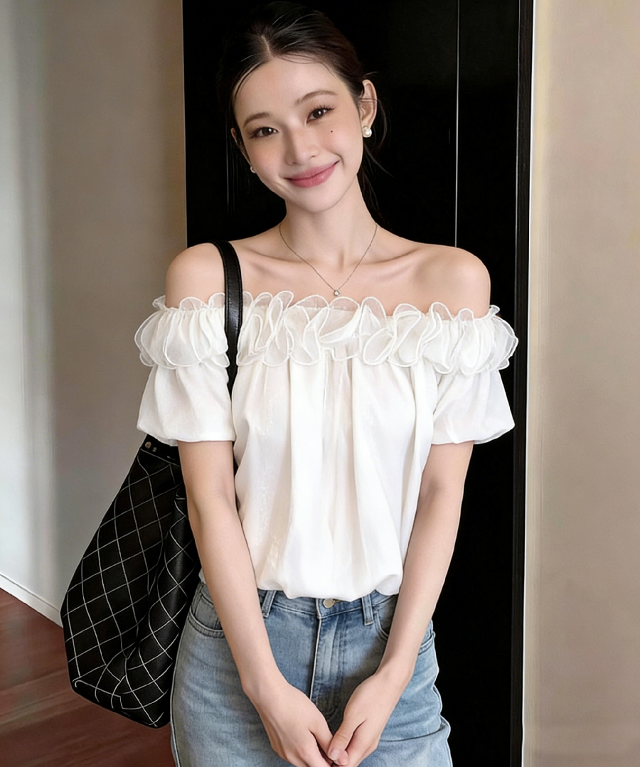 2026 우아함 바람 오프숄더 거품 소매 시폰 셔츠 여성 여름 달콤함 슈퍼 요정 프릴 연령 감소 맨위
