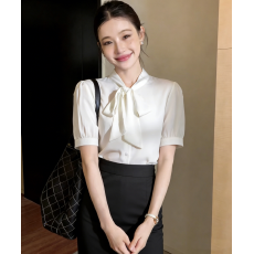 批发蝴蝶结衬衫女夏季短袖缎面法式白色<b class='q'>职业</b>面试正装女<b class='q'>套装</b>工作服衬衣
