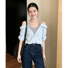 批发夏季薄款2026衬衫女士短袖新款设计感小众假两件衬衣上衣