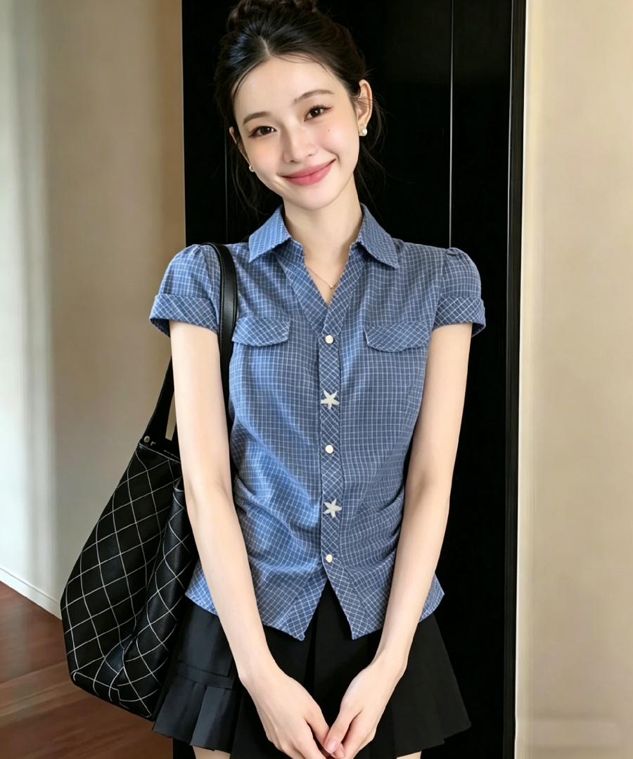 레트로 꼬집기 허리 몸매 가꾸기 슬림해 보이는 체크무늬 반팔 여성 셔츠 여름 체크무늬 셔츠 달콤한 매운맛 바람 쇼트 스타일 맨위