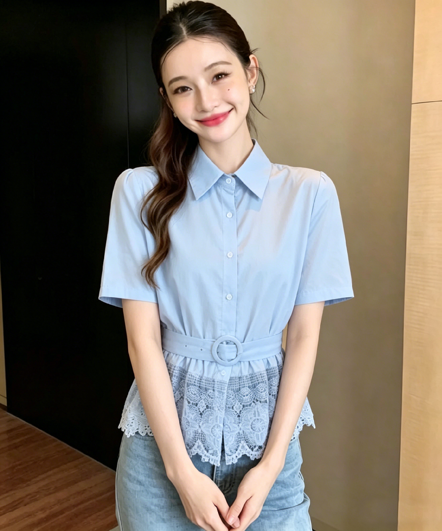 2026 여름 새로운 실사 레이스 조각 폴로 칼라 여성 셔츠 디자인 센스 품격 허리 수축 슬림해 보이는 오픈 가디건 맨위