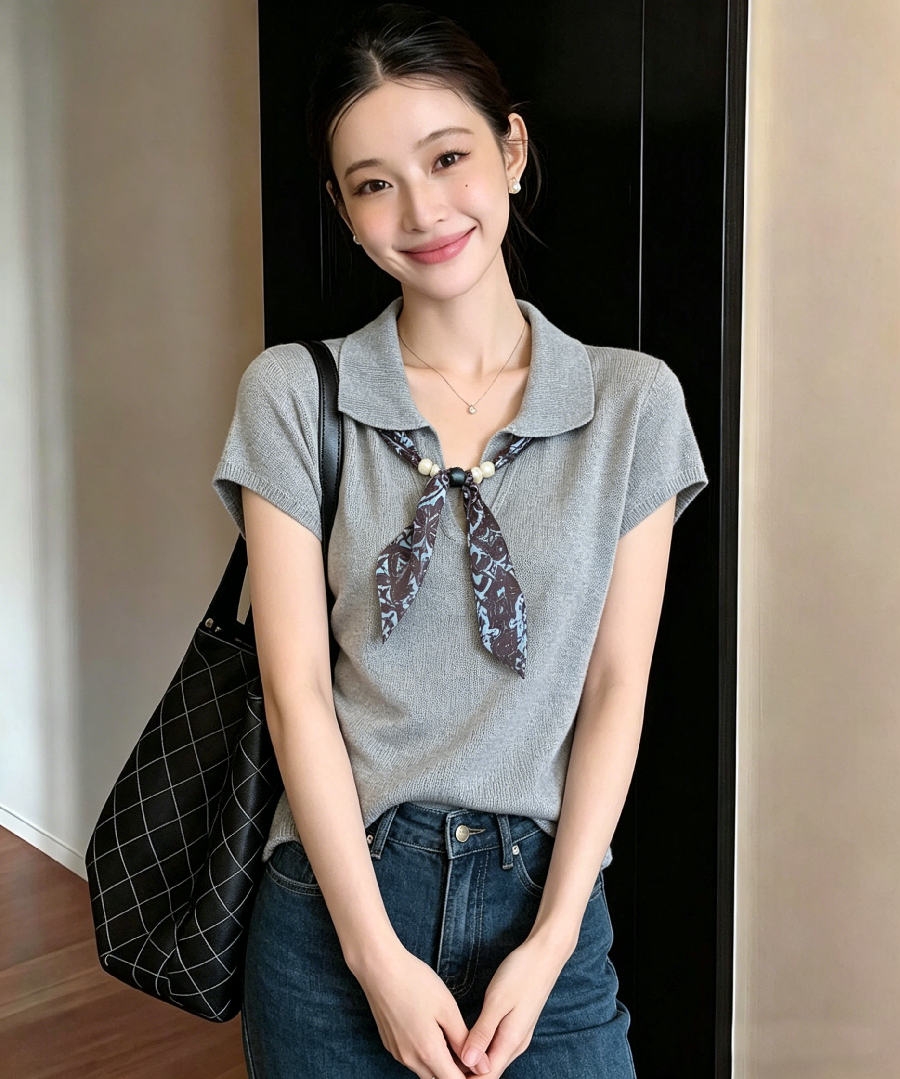 오래된 돈 바람 품격 POLO 칼라 반팔 맨위 여성 여름 새로운 디자인 센스 몸매 가꾸기 슬림해 보이는 얼음 실크 니트 스웨터