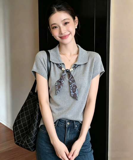 오래된 돈 바람 품격 POLO 칼라 반팔 맨위 여성 여름 새로운 디자인 센스 몸매 가꾸기 슬림해 보이는 얼음 실크 니트 스웨터