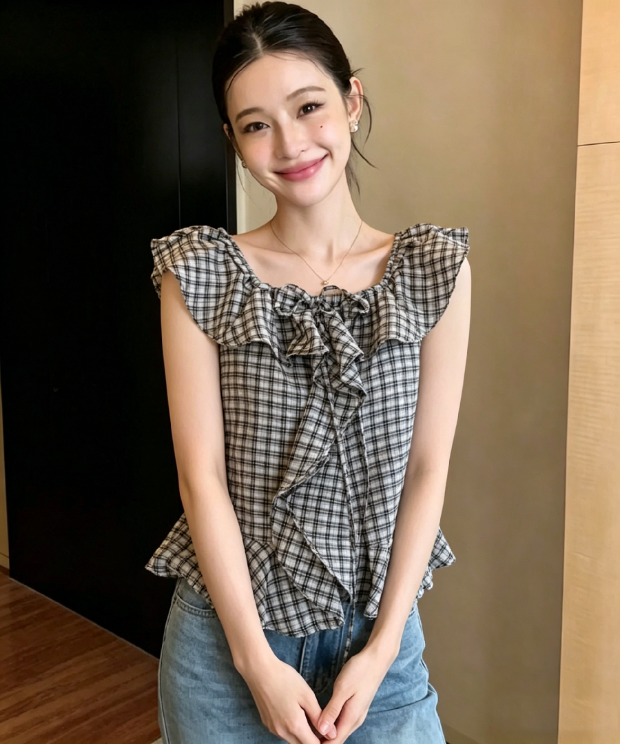 프릴 칼라 체크무늬 작은 셔츠 2026 여름 한 부서 품격 레트로 학원 스타일 달콤함 맨위 여성