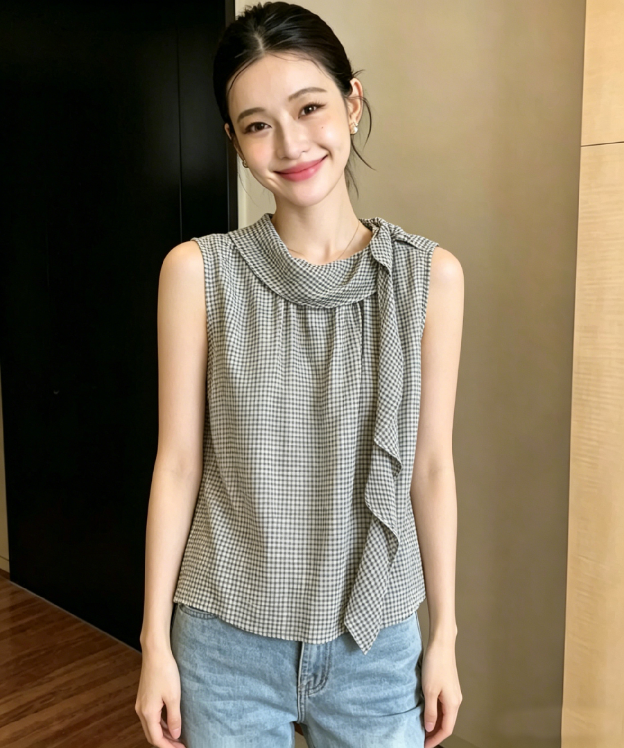 레트로 체크무늬 흔들다 칼라 민소매 조끼 2026 년 여름 품격 다용도 작은 대중 디자인 센스 맨위