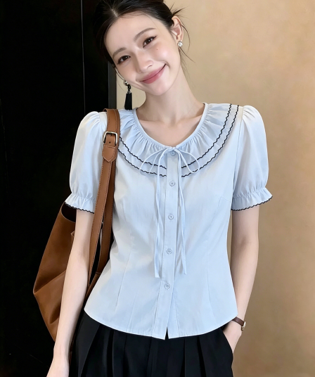 순면 파란색 베이비 칼라 셔츠 여자 2026 새로운 반팔 여름 슈퍼 잘 생긴 ~ 중 프랑스식 맨위