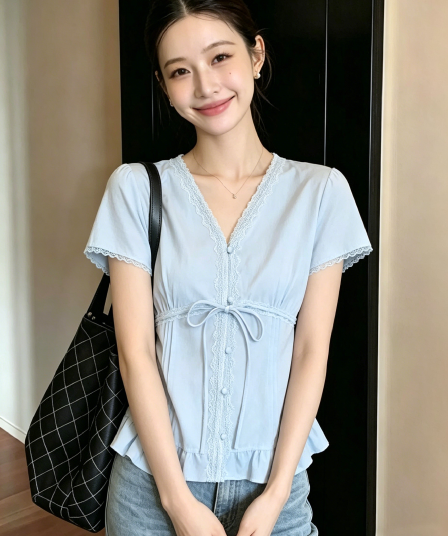 순수한 욕망 바람 레이스 레이스 V넥 여성 셔츠 여름 디자인 센스 프릴 작은 셔츠 프랑스식 사소한 아름다운 맨위