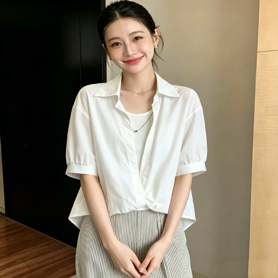 2026 실사 여름 새로운 여성 의류 디자인 단색 인사이드 가져 가라. 셔츠 투피스 세트 캐주얼 다용도 반팔 셔츠
