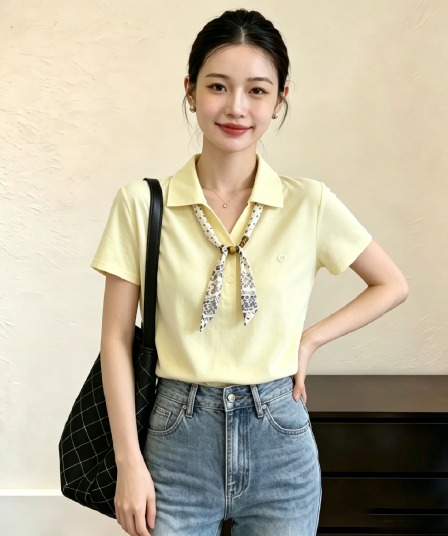 26 여름 새로운 디자인 센스 작은 대중 경기 스카프 나비 넥타이 루즈핏 폴로 칼라 니트 스웨터 반팔 의류 여성