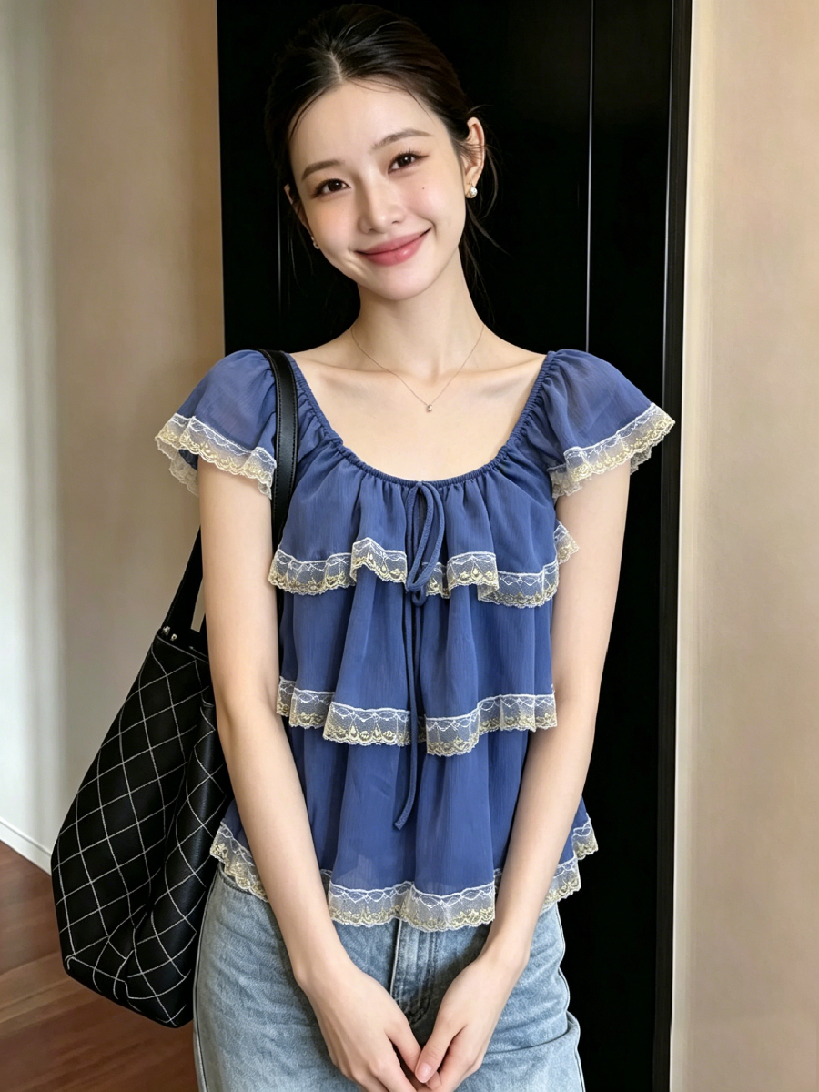 한 스타일 달콤함 프릴 레이스 조각 시폰 셔츠 여성 여름 반팔 파란색 케이크 실 Chic 맨위