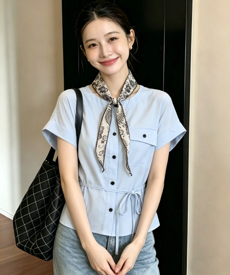 한 부서 라운드 넥 반팔 작은 셔츠 아모이 허리 수축 슬림해 보이는 작은 대중 스카프 다용도 셔츠 Chic 새로운 맨위