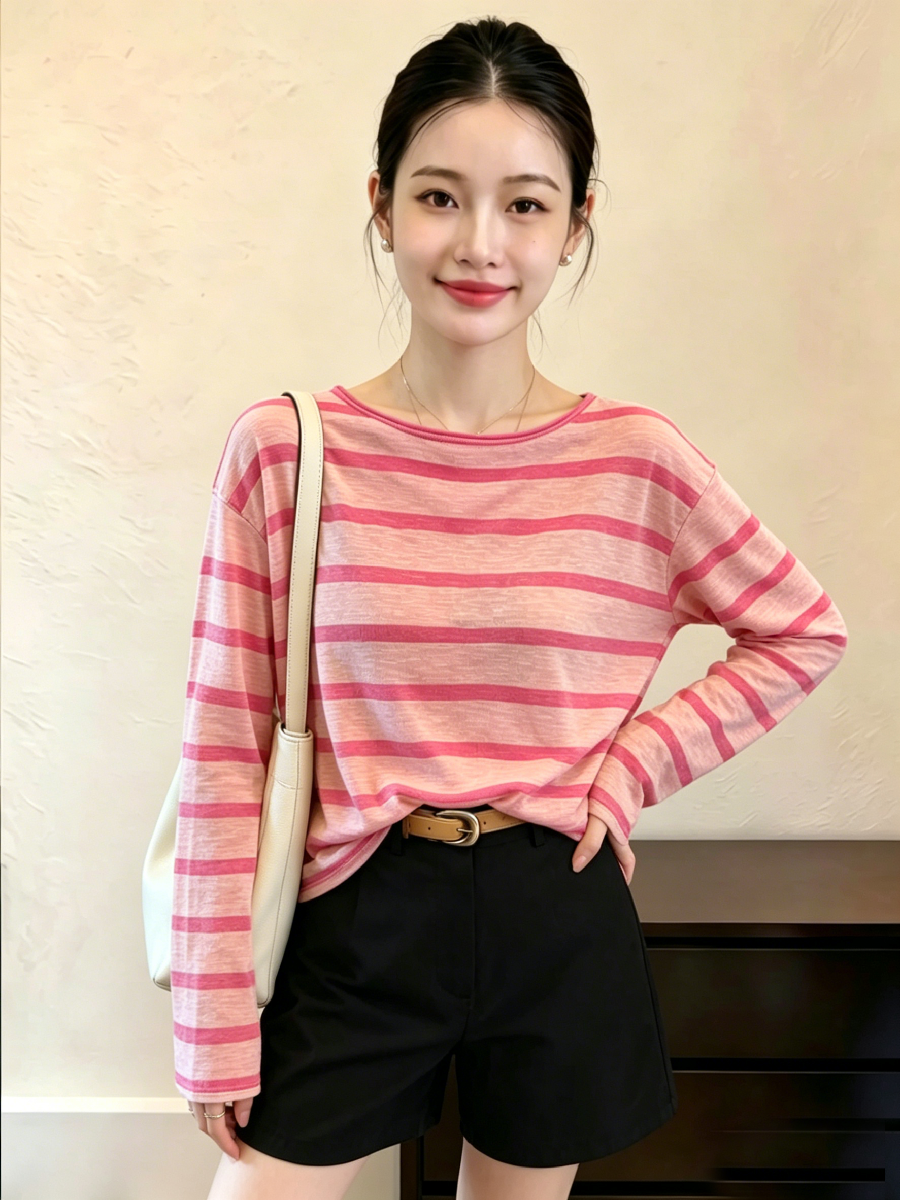 한 부서 핑크색 스트라이프 넓은 에디션 얼음 실크 자외선 차단 티셔츠 2026 여름 새로운 여성 느긋한 바람 연령 감소 맨위