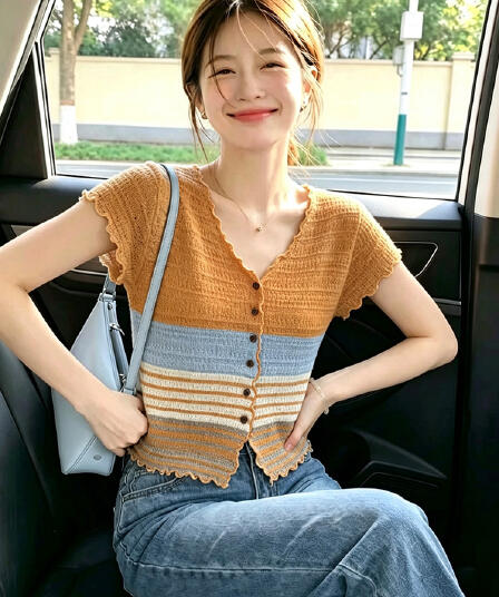 프랑스식 레트로 배색 스트라이프 V넥 반팔 니트 스웨터 여성 여름 프릴 단추 디자인 센스 몸매 가꾸기 맨위