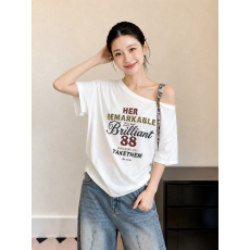 批发26夏季美式复古短袖T恤女字母印花丝巾<b class='q'>装</b>饰休闲百搭上衣小个子穿