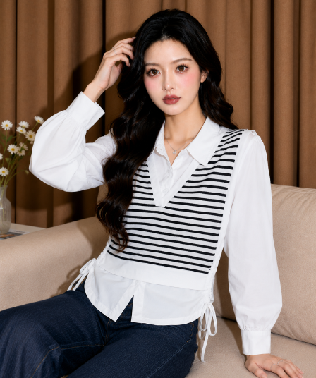 페이크 레이어드 스트라이프 패치워크 여성 셔츠 2026 새로운 한국 스타일 가을 품격 POLO 칼라 펌프 로프 맨위 작은 셔츠